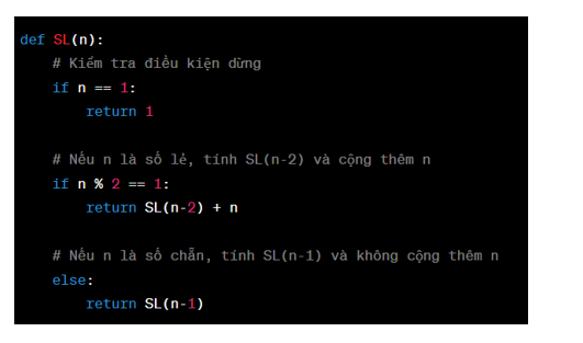 Viết chương trình theo kĩ thuật đệ quy để tính hàm SL(n) là tổng các số tự nhiên lẻ nhỏ hơn hoặc bằng n (ảnh 1)