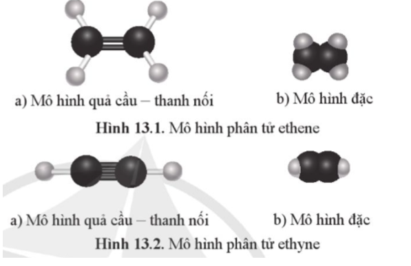 Từ hình 13.1 và 13.2, hãy mô tả dạng hình học của các phân tử ethene và ethyne. (ảnh 1)