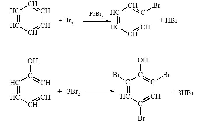 Hãy dẫn ra các phương trình hoá học để chứng minh phản ứng thế nguyên tử H ở vòng benzene trong phenol dễ hơn benzene. (ảnh 1)