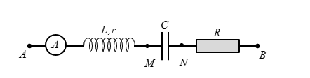 Cho mạch điện như hình vẽ ampe kế xoay chiều cuộn dây không thuần cảm  Lr tụ điện điện dung C2104π3 F