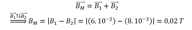 Tại điểm M có từ trường của hai dòng điện. Vectơ cảm ứng từ do hai dòng điện gây ra tại M cùng phương, ngược chiều và có độ lớn lần lượt là 〖6.10〗^(-2)  T và 〖8.10〗^(-2)  T. Cảm ứng từ tổng hợp tại M có độ lớn là 	A. 0,1 T.	B. 〖7.10〗^(-2)  T.	C. 〖14.10〗^(-2)  T.	D. 0,02 T. (ảnh 1)