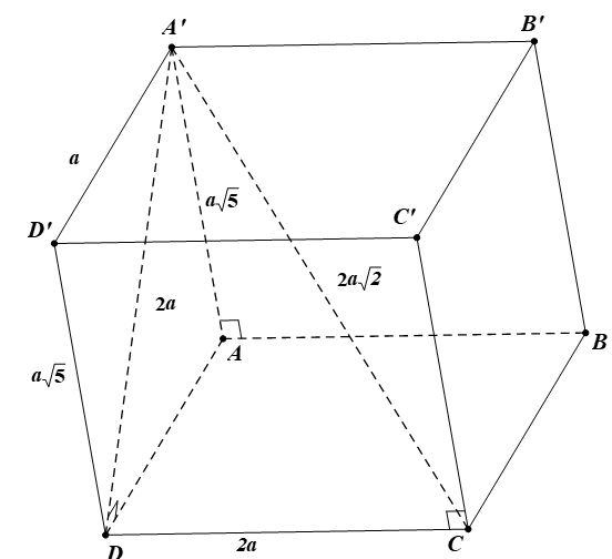 Cho hình hộp ABCD.A'B'C'D' có đáy là hình chữ nhật với AB = 2a, BC = a. Biết góc A'AB = 90 độ và AA' = a căn bậc hai 5, CA' = 2a căn bậc hai 2. Thể tích khối hộp ABCD.A'B'C'D' bằng (ảnh 1)