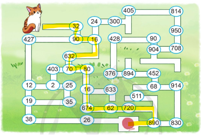 Em hãy chỉ đường giúp chú mèo tìm được cuộn len bị thất lạc bằng cách đi theo con đường ghi các số chẵn: (ảnh 2)