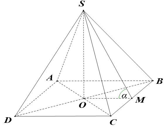 Cho hình chóp tứ giác đều có cạnh đáy bằng 2a, cạnh bên bằng 3a. Gọi a là góc giữa mặt bên và mặt đáy. Mệnh đề nào dưới đây là đúng? (ảnh 1)