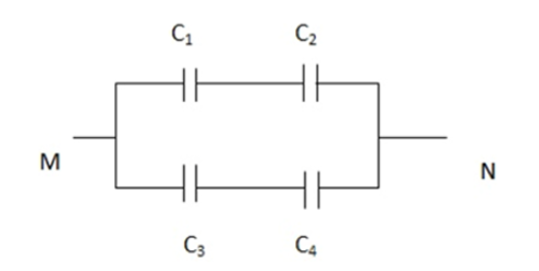 Bốn tụ điện được mắc thành bộ theo sơ đồ dưới. C1=1muy F, C2= 3muy F, C3= 3muy F. Khi nối hai điểm M, N với nguồn điện thì tụ điện  (ảnh 1)