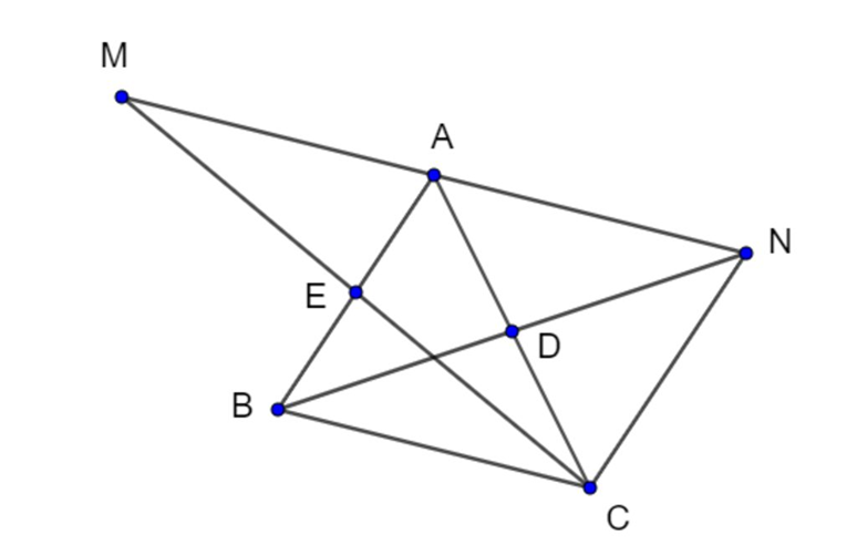 Cho tam giác ABC, D là trung điểm của AC, E là trung điểm của AB. Trên tia đối của (ảnh 1)