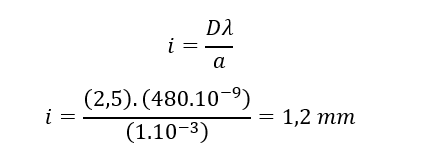 Trong thí nghiệm Young về giao thoa ánh sáng, khoảng cách giữa hai khe là a=1 mm, khoảng cách từ hai khe đến màn là D=2,5 m.  (ảnh 1)