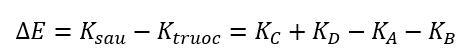 Cho phản ứng hạt nhân  A+B → C+D Biết động năng của các hạt nhân lần lượt là K_A, K_B, K_C và K_D. Năng lượng của phản ứng trên ∆E được tính bằng (ảnh 2)
