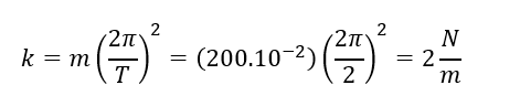 Một con lắc lò xo dao động điều hòa với chu kì T=2 s, khối lượng của quả nặng 200 g. Lấy π^2=10. Độ cứng của lò xo có giá trị là (ảnh 1)