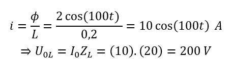 Đặt vào hai đầu cuộn cảm thuần có độ tự cảm L=0,2 H một hiệu điện thế xoay chiều thì biểu thức từ thông riêng trong cuộn cảm là ϕ=2 cos⁡(100t)  Wb, t tính bằng s. Giá trị hiệu điện thế cực đại hai đầu cuộn cảm là 	A. 220 V.	B. 40 V.	C. 100 V.	D. 200 V. (ảnh 2)
