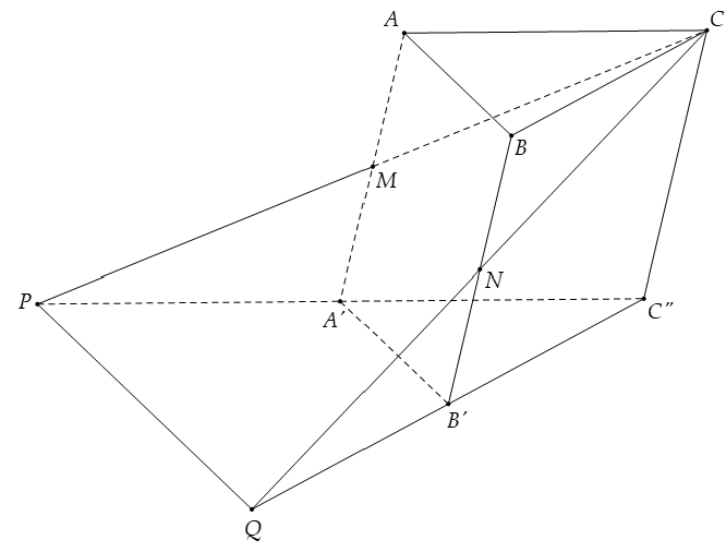 Cho khối lăng trụ ABC.A'B'C' có thể tích bằng 3. Gọi M, N lần lượt là trung điểm của các đoạn thẳng AA' và BB'. Đường thẳng CM cắt đường thẳng C'A' tại P, đường thẳng CN cắt đường thẳng C'B' tại Q.  (ảnh 1)