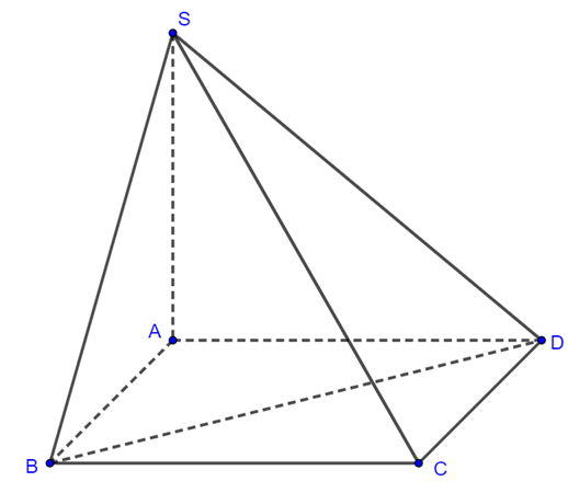 Cho hình chóp tứ giác S.ABCD có đáy ABCD là hình vuông và SA vuông góc với mặt phẳng (ABCD). Biết tam giác SBD đều và có diện tích bằng a^2 căn 3 Góc giữa hai mặt phẳng (SCD) và (ABCD) bằng (ảnh 1)