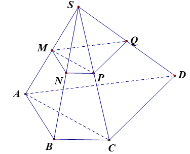 Cho khối chóp S.ABCD có thể tích V = 32. Gọi M, N, P, Q lần lượt là trung điểm của SA, SB, SC, SD. Thể tích khối đa diện MNPQABCD bằng (ảnh 1)