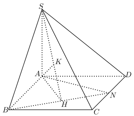 Cho hình chóp S.ABCD có đáy ABCD là hình chữ nhật với AB = a, AD = 2a, SA vuông góc mặt phẳng ABCD và SA = a. Gọi N là trung điểm của CD. Tính khoảng cách từ A đến mặt phẳng (SBN) (ảnh 1)