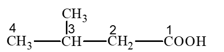 Hợp chất X có công thức cấu tạo: (CH3)2CHCH2COOH. Tên của X là A. 2 – methylpropanoic acid. B. 2 – methylbutanoic acid. C. 3 – methylbutanoic acid. D. 3 – methylbutan – 1 – oic acid. (ảnh 1)