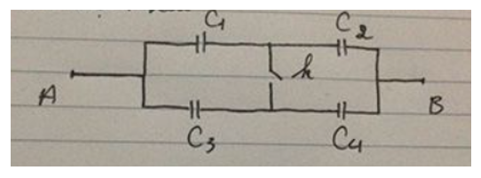 Cho mạch sau:  Biết  C1/C2= C3/C4  Chứng minh rằng Cbộ khi k mở bằng Cbộ khi k đóng. (ảnh 1)