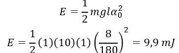 Tại nơi có gia tốc trọng trường g=10m/s2, một con lắc đơn đang dao động điều hòa với biên độ góc α_0=8^0. Biết khối lượng vật nhỏ của con lắc là m=1 kg và chiều dài dây treo là l=1 m. Chọn mốc thế năng tại vị trí cân bằng, cơ năng của con lắc có giá trị gần nhất với giá trị nào sau đây? 	A. 10,0 mJ.	B. 9,9 mJ.	C. 8,3 mJ.	D. 9,0 mJ. (ảnh 1)