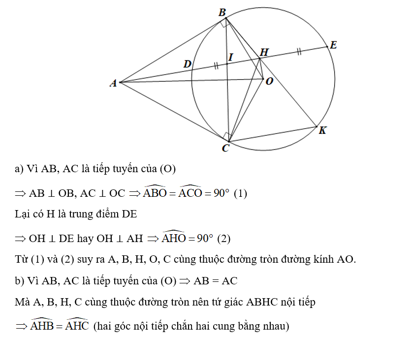 Cho (O), điểm A ở bên ngoài đường tròn. Vẽ các tiếp tuyến AB, AC và cát tuyến ADE (ảnh 1)