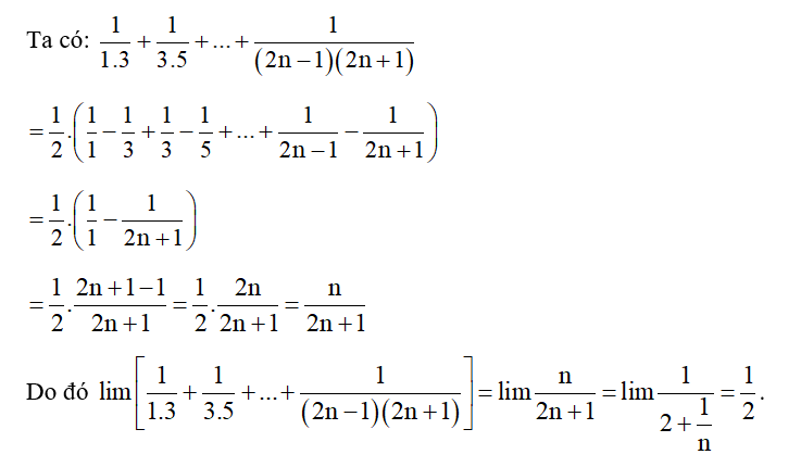 Tính giới hạn: lim [1/1.3+ 1/3.5+...+ 1/ (2n-1) (2n+1) ] (ảnh 1)