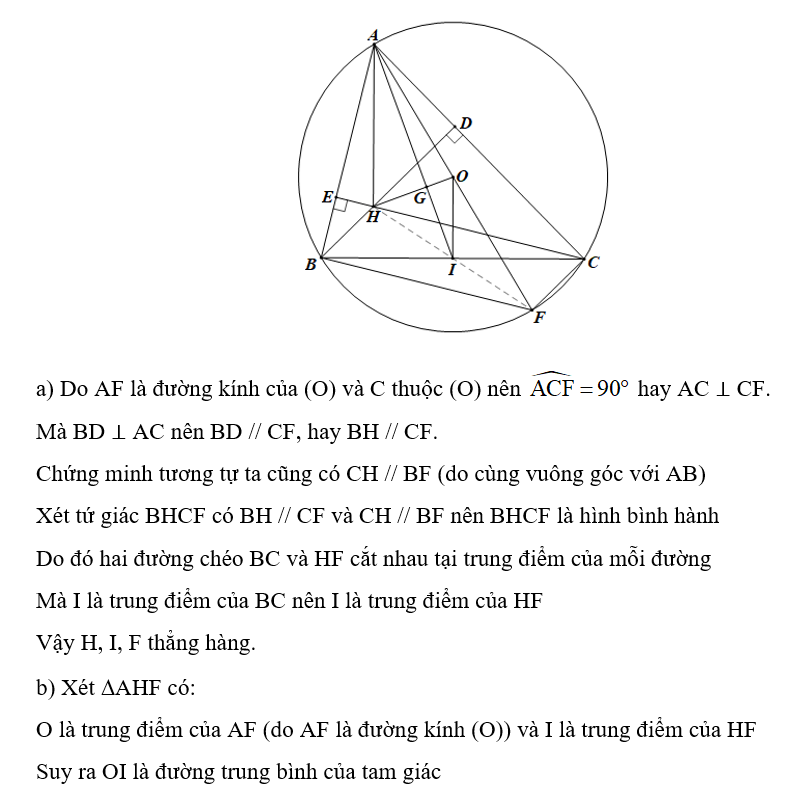 Cho tam giác ABC nhọn nội tiếp đường tròn tâm O, bán kính R. Đường cao BD, CE cắt nhau (ảnh 1)