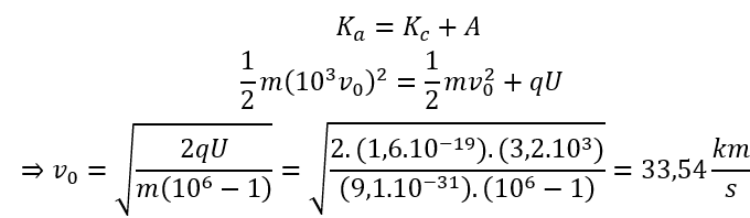 Trong ống Cu – lít – giơ (ống tia X), hiệu điện thế giữa anôt và catốt là 3,2 kV. Biết rằng độ lớn vận tốc cực đại của electron đến anôt bằng 10^3 lần độ lớn vận tốc cực đại của êlectron bứt ra từ catôt. Lấy e=1,6.10^(-19)  C; m_e=9,1.10^(-31)  kg. Tốc độ cực đại của êlectron khi bứt ra từ catôt là 	A. 23,72 km/s.	B. 57,8 km/s.	C. 33,54 km/s.	D. 1060,8 km/s. (ảnh 2)
