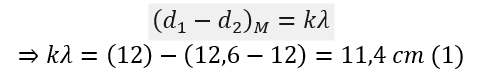 Thí nghiệm giao thoa sóng ở mặt chất lỏng với hai nguồn kết hợp đặt tại A và B cách nhau 12,6 cm dao động theo phương thẳng đứng. Trên đoạn thẳng AB, khoảng cách từ A tới cực đại giao thoa xa A nhất là 12,0 cm. Biết số vân giao thoa cực đại ít hơn số vân giao thoa cực tiểu. Số vân vân giao thoa cực đại nhiều nhất là 	A. 11.	B. 9.	C. 15.	D. 18. (ảnh 2)