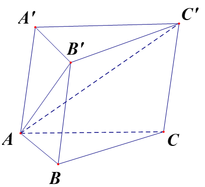 Cho khối lăng trụ tam giác ABC.A'B'C', biết rằng thể tích khối chóp A'.AB'C bằng 9 (đvdt). Tính thể tích khối lăng trụ đã cho (ảnh 1)