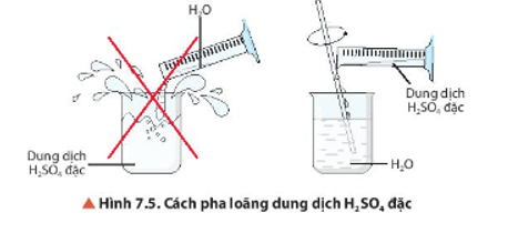 Quan sát Hình 7.5, mô tả cách pha loãng sulfuric acid. Giải thích. (ảnh 1)