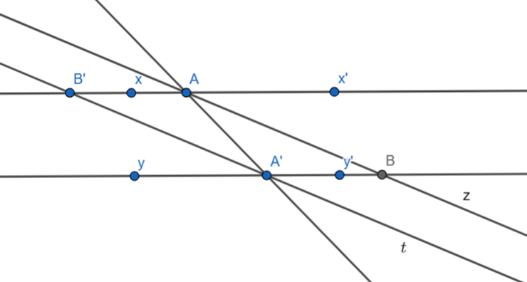 Cho 2 đường thẳng xx' và yy' song song với nhau, một đường thẳng cắt xx' và yy' lần lượt  (ảnh 1)