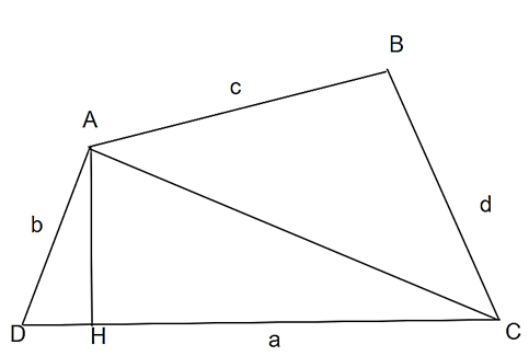 Cho tứ giác ABCD có độ dài 4 cạnh là a, b, c, d, diện tích là S.  Chứng minh (ảnh 1)