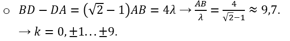 Ở mặt nước có hai nguồn kết hợp đặt tại hai điểm A và B, dao động cùng pha theo phương thẳng đứng, phát ra hai sóng có bước sóng λ. Gọi C và D là hai phần tử trên mặt nước sao cho ABCD là hình vuông và BD-DA=4λ. Gọi M và N lần lượt là hai phần tử trên mặt nước thuộc khoảng AD và nằm trên một cực đại giao thoa gần A nhất và xa A nhất. Khoảng cách MN gần nhất giá trị nào sau đây? 	A. 5,325λ.	B. 0,424λ.	C. 0,681λ.	D. 6,144λ (ảnh 2)