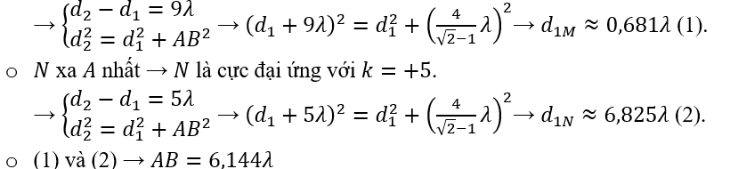 Ở mặt nước có hai nguồn kết hợp đặt tại hai điểm A và B, dao động cùng pha theo phương thẳng đứng, phát ra hai sóng có bước sóng λ. Gọi C và D là hai phần tử trên mặt nước sao cho ABCD là hình vuông và BD-DA=4λ. Gọi M và N lần lượt là hai phần tử trên mặt nước thuộc khoảng AD và nằm trên một cực đại giao thoa gần A nhất và xa A nhất. Khoảng cách MN gần nhất giá trị nào sau đây? 	A. 5,325λ.	B. 0,424λ.	C. 0,681λ.	D. 6,144λ (ảnh 3)