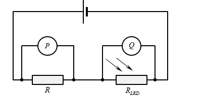 Hai viên pin có điện trở trong không đáng kể được mắc vào đoạn mạch mắc nối tiếp gồm điện trở và quang điện trở LDR như  hình vẽ. (ảnh 1)