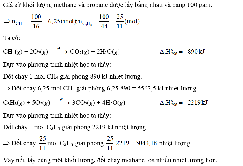 Theo Ví dụ 5, nếu lấy cùng khối lượng methane và propane, chất nào toả ra nhiều nhiệt hơn? (ảnh 1)