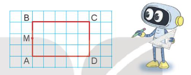 a) Vẽ hình chữ nhật ABCD và điểm M trên giấy kẻ ô vuông như hình dưới đây. b) Hãy vẽ đường thẳng đi qua điểm M và song song với cạnh AD, cắt cạnh CD tại điểm N. (ảnh 1)