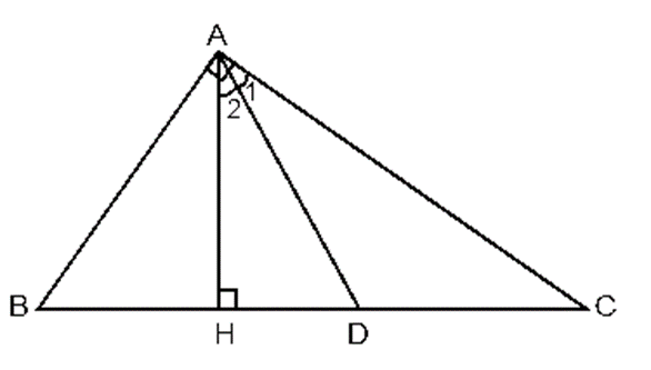 Cho tam giác ABC vuông tại A, đường cao AH. Gọi AD là phân giác trong của tam giác  (ảnh 1)