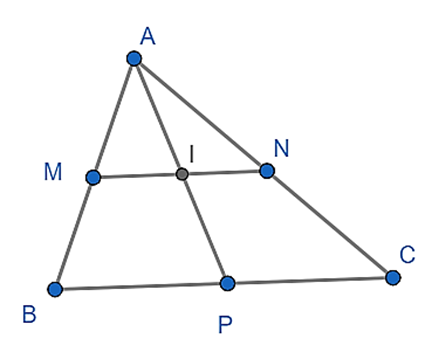 Cho tam giác ABC gọi M,N,P lần lượt là trung điểm của 3 cạnh AB,AC,BC. Gọi I là giao điểm (ảnh 1)