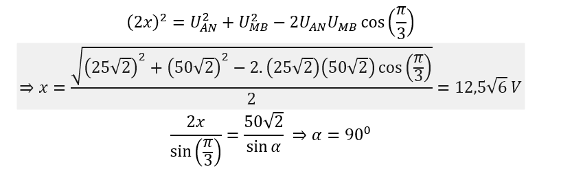 Đoạn mạch nối tiếp gồm cuộn cảm thuần, đoạn mạch Xvà tụ điện. Khi đặt vào hai đầu AB một điện áp u_AB=U_0  cos⁡(ωt+φ)  V (U_0, ω, φ không đổi) thì LCω^2=1, U_AN=25√2  V và U_MB=50√2  C đồng thời u_AN sớm pha hơn π/3 so với u_MB.    Giá trị của U_0 là (ảnh 3)