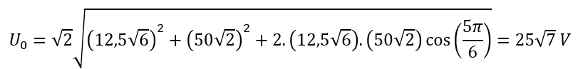 Đoạn mạch nối tiếp gồm cuộn cảm thuần, đoạn mạch Xvà tụ điện. Khi đặt vào hai đầu AB một điện áp u_AB=U_0  cos⁡(ωt+φ)  V (U_0, ω, φ không đổi) thì LCω^2=1, U_AN=25√2  V và U_MB=50√2  C đồng thời u_AN sớm pha hơn π/3 so với u_MB.    Giá trị của U_0 là (ảnh 5)
