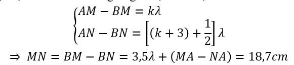 Trên mặt chất lỏng có hai nguồn sóng cùng tần số, cùng pha đặt tại hai điểm A và B. Cho bước sóng do các nguồn gây ra là λ=5 cm.  (ảnh 2)