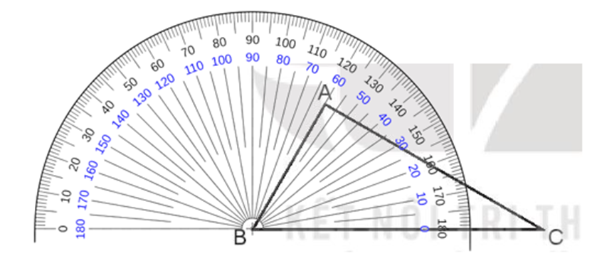 Dùng thước đo góc để đo góc đỉnh B, cạnh BA, BC (ảnh 2)