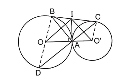 Cho hai đường tròn  (O ; R) và (O' ; r) tiếp xúc ngoài tại A. Kẻ tiếp tuyến chung ngoài BC (ảnh 1)