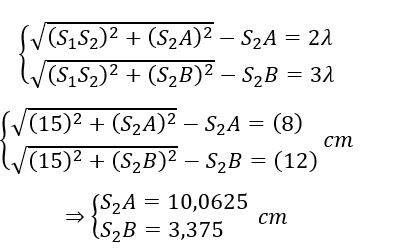 Trên mặt chất lỏng, có hai nguồn kết hợp S_1 và S_2 cách nhau 15 cm, dao động theo phương thẳng đứng với phương trình là u_S1=u_S2=2 cos⁡(10πt-π/4) (ảnh 6)