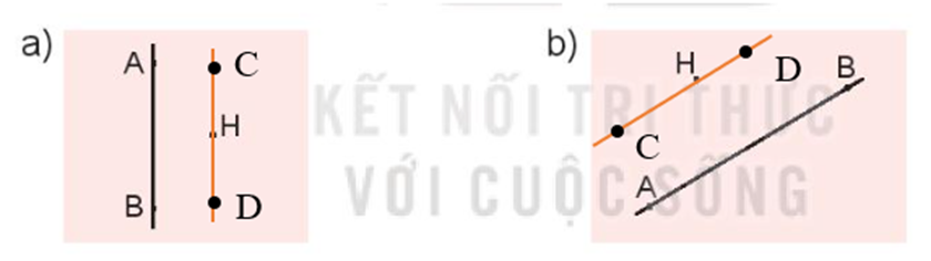 Trước tiên, Việt cùng các bạn nhắc lại cách sử dụng ê ke và thước thẳng để vẽ hai đường thẳng song song với nhau. Vẽ đường thẳng CD qua H và song song với đường thẳng AB. (ảnh 2)