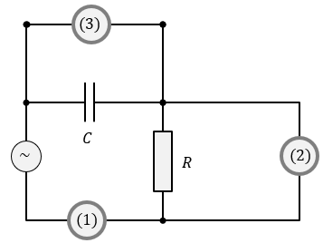 Sơ đồ bên dưới cho thấy một tụ điện C và một điện trở R được mắc với nhau vào một nguồn điện xoay chiều. (1), (2) và (3) là các thiết bị hiển (ảnh 1)
