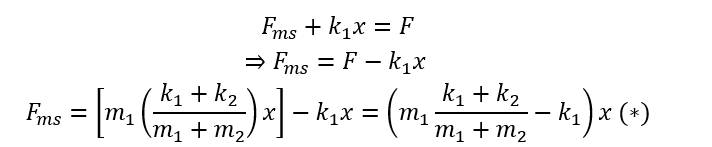Cho cơ hệ như hình vẽ. Các lò xo đều đang ở trạng thái không biến dạng. Hệ số ma sát nghỉ cực đại giữa vật m_1 và vật m_2 là μ và không có ma sát giữa m_1 với bề mặt nằm ngang. Đưa hai vật lệch khỏi vị trí can đầu một khoảng A rồi thả nhẹ để hệ chuyển động.   Biết m_1=2m_2=200 g; k_2=2k_1=20 N/m; μ=0,1; lấy g=10 m/s^2 . Giá trị lớn nhất của A để trong quá trình chuyển động m_2 không trượt trên bề mặt của vật m_1 là 	A. 2 cm.	B. 1,5 cm.	C. 1 cm.	D. 2,5 cm. (ảnh 4)