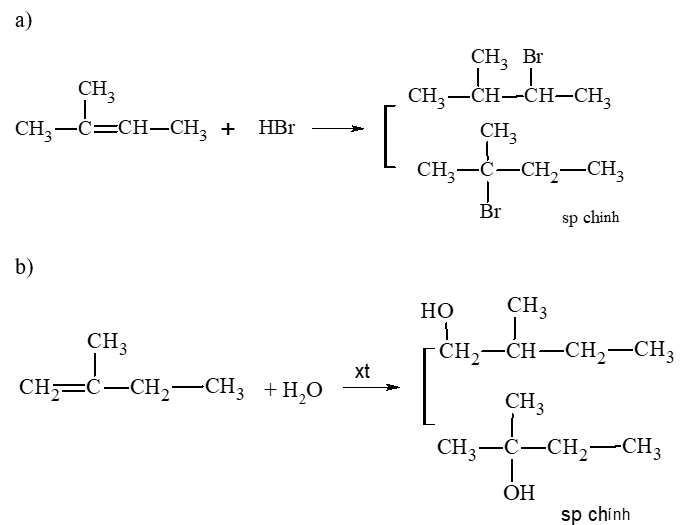 Viết phương trình hoá học và xác định sản phẩm chính trong mỗi phản ứng sau: a) 2 – methylbut – 2 – ene phản ứng với HBr. b) 2 – methylbut – 1 – ene phản ứng với nước (xúc tác H2SO4). (ảnh 1)