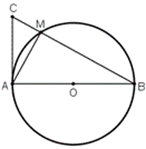 Trên đường tròn (O) đường kính AB, lấy điểm M (khác A và B). Vẽ tiếp tuyến của (O)  (ảnh 1)