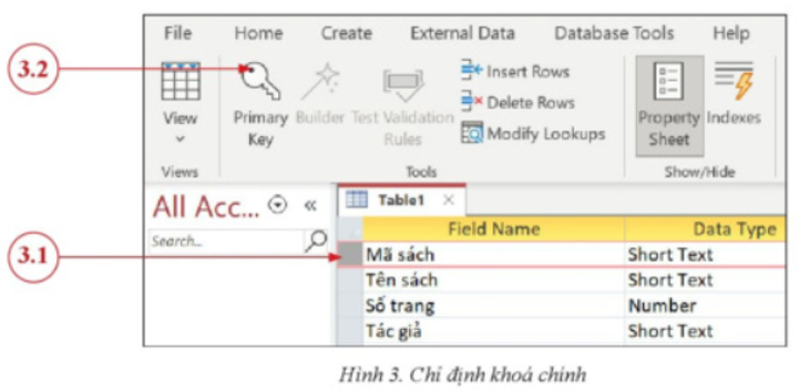 Sử dụng phần mềm Microsoft Accenss 365 tạo bảng SÁCH có cấu trúc như Hình 3, chỉ định trường Mã sách làm khoá chính và nhâp nhiều hơn 5 bản ghi cho bảng. (ảnh 1)