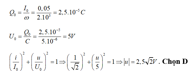 Cường độ dòng điện trong một mạch dao động LC lí tưởng có biểu thức i= 0,05 cos (2.10^3t)A (ảnh 1)